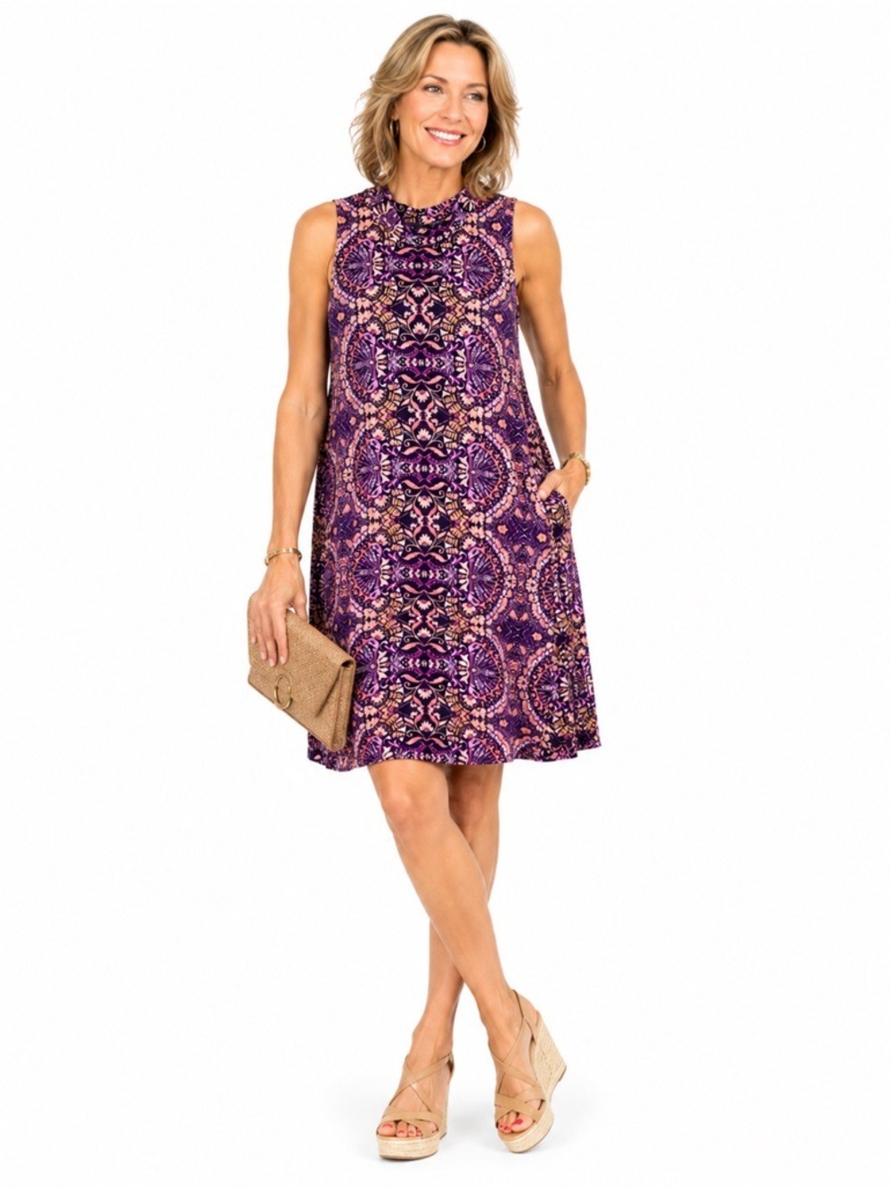 O’Neill Women's Colourful Patterned Sleeveless Mock Neck Shift Midi Dres…